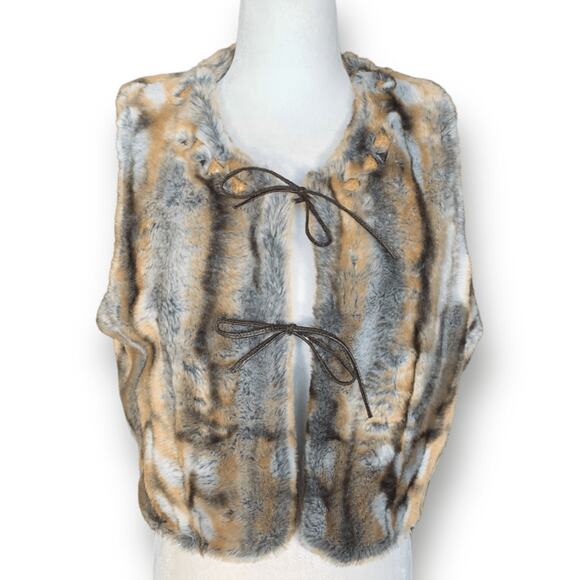 Vintage Y2K Alberto Makali Faux Fur Vest Tan Cropped Tie Front Studded Boho - Picture 2 of 11
